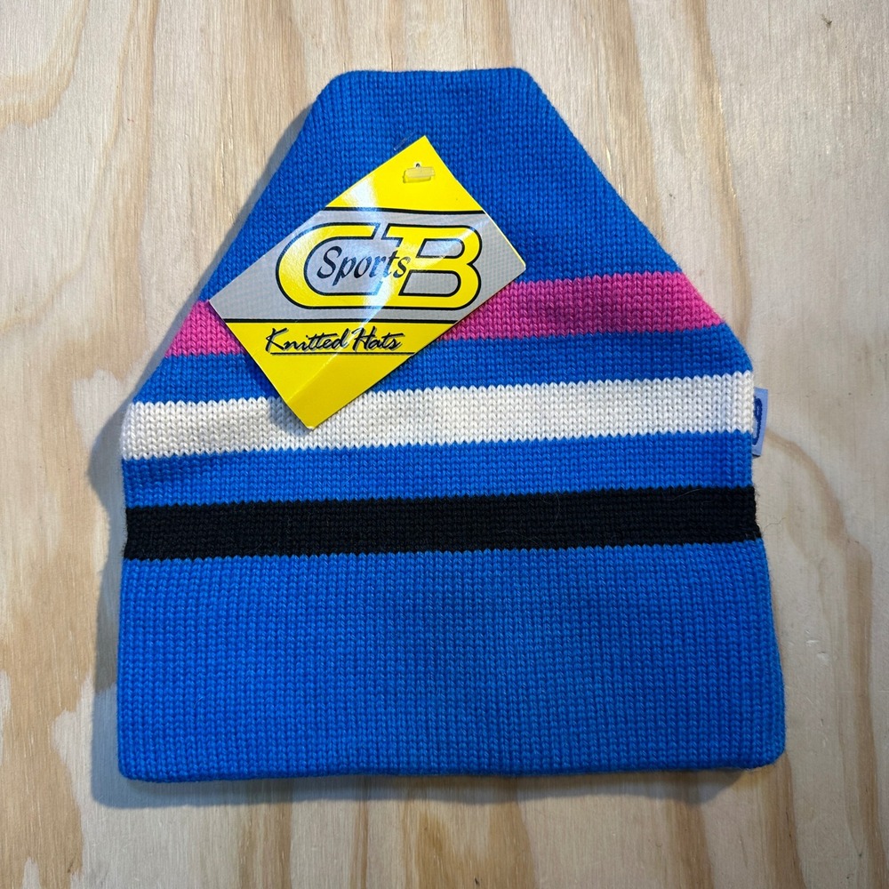 CB Sports Vintage Ski Beanie Hat Blue Pink Striped Wool Knit Tri S Tuk